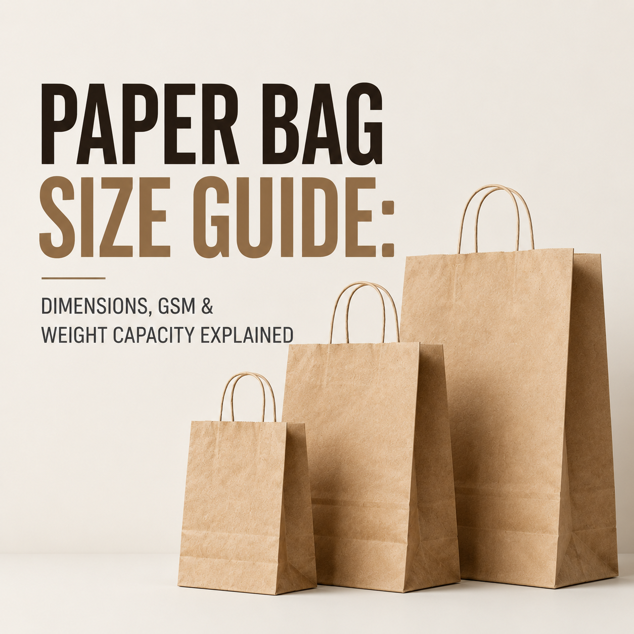 Kraft paper bags in multiple sizes illustrating paper bag dimensions, GSM thickness, and weight capacity for retail packaging and wholesale applications.