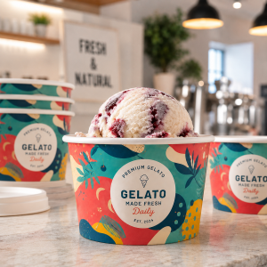Custom printed colorful gelato paper cups displayed in a modern café setting with realistic ice cream presentation.