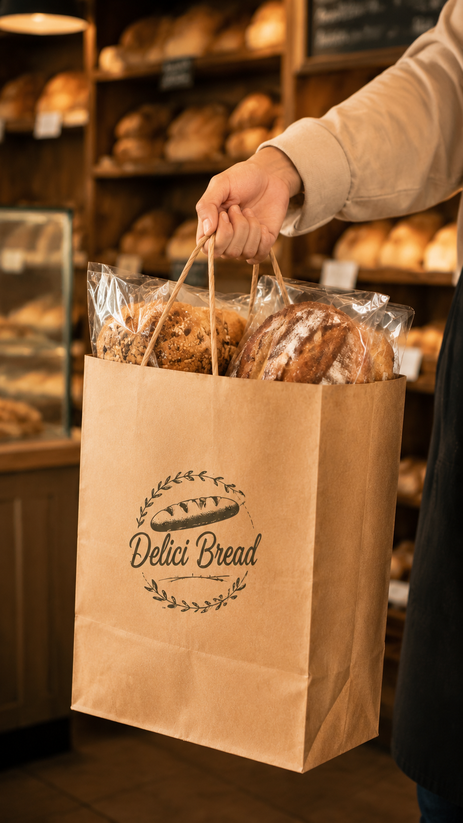 Close up of a hand carrying a custom logo printed brown kraft paper bag packed with fresh artisan bread loaves inside a bakery shop setting.