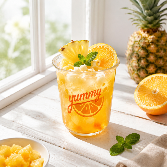 Tropical pineapple orange fruit slush in custom printed transparent rPET U cups, food grade recyclable recycled PET plastic cold drink cups, eco sustainable disposable parfait yogurt fruit dessert packaging cups for cafe beverage shop