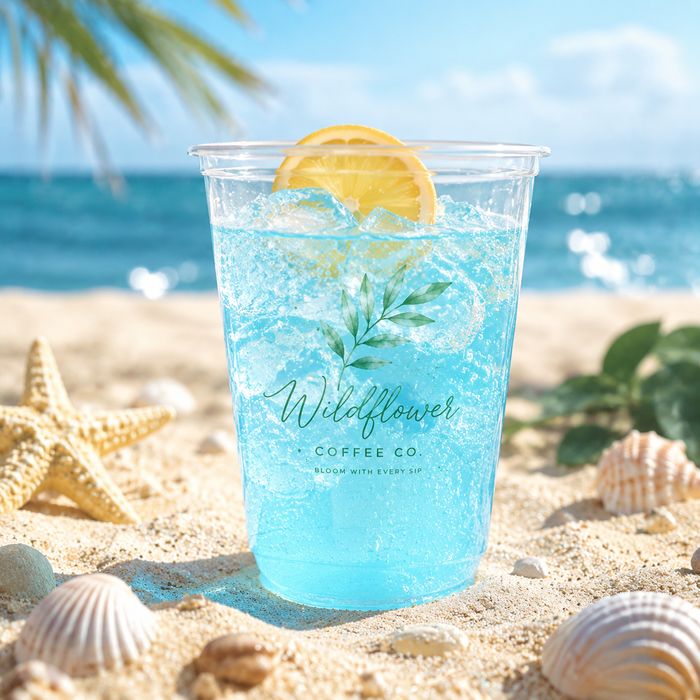 Clear plastic seasonal printed cups filled with blue iced drink on a sunny sandy beach displaying custom beverage cup design and personalized cold cup packaging options.