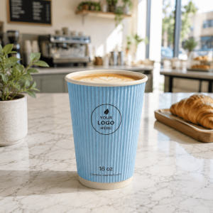 16oz custom blue ripple paper cup filled with latte placed on marble café counter printable logo disposable coffee cup for coffee shop business