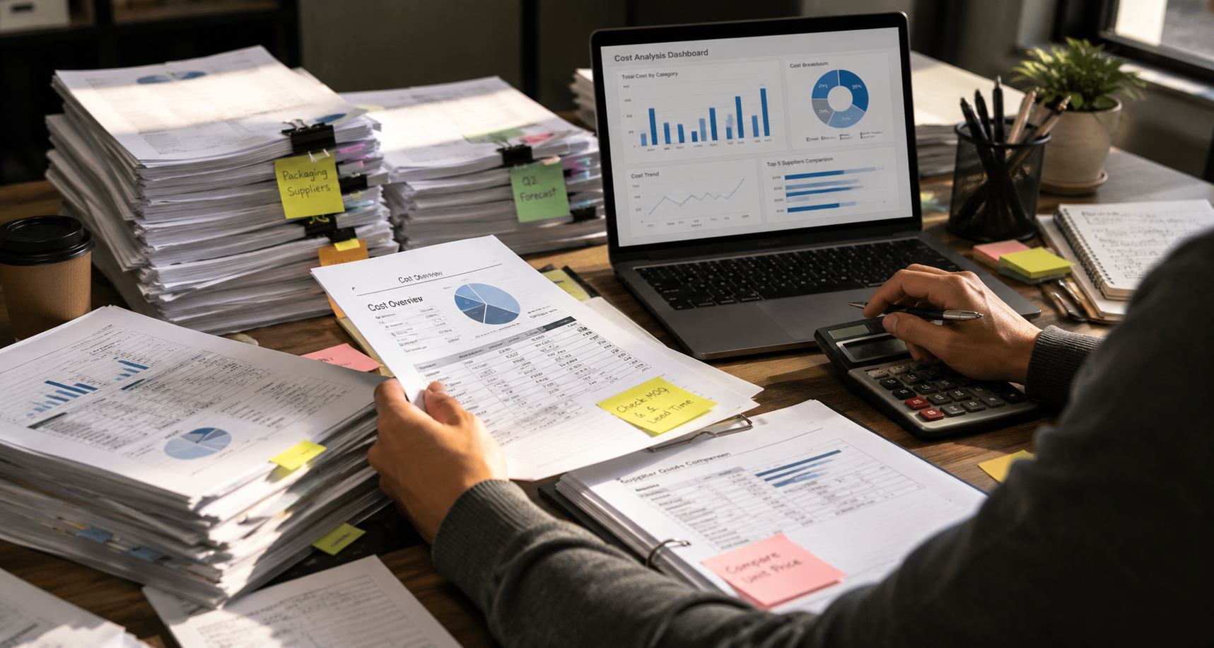 Back view of a Western procurement buyer calculating packaging costs at a cluttered office desk with stacks of documents, financial reports, a calculator, and a computer displaying cost analysis charts and supplier comparison graphs.