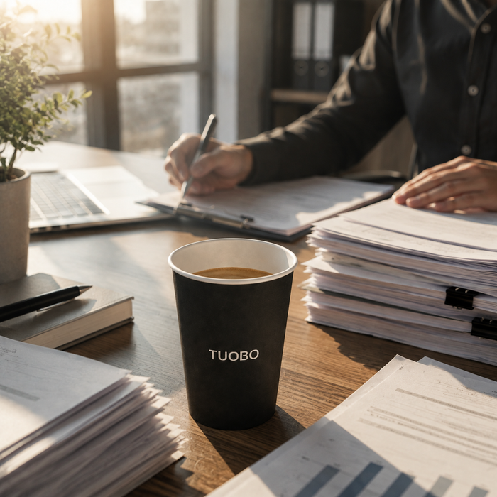 A custom printed black disposable hot cup filled with fresh coffee sitting on a wooden office desk next to stacked paperwork.