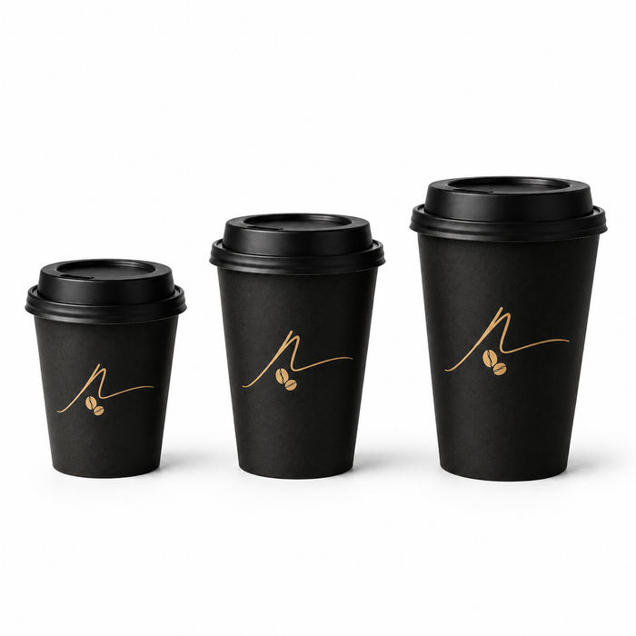 Studio photo of small medium large custom logo black disposable coffee cups matched with black lids, blank white backdrop
