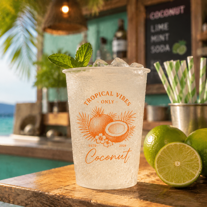 An icy cold soda garnished with fresh mint served in transparent cold beverage cups on a wooden bar counter, illustrating premium iced beverage packaging for a tropical cafe drink packaging setup.