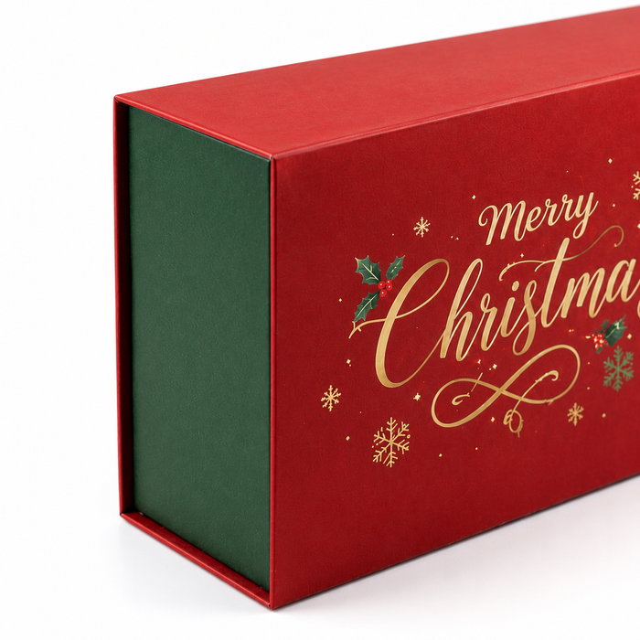 Plain white background custom Christmas rigid gift box, matte soft touch cardboard holiday packaging blank for custom logo