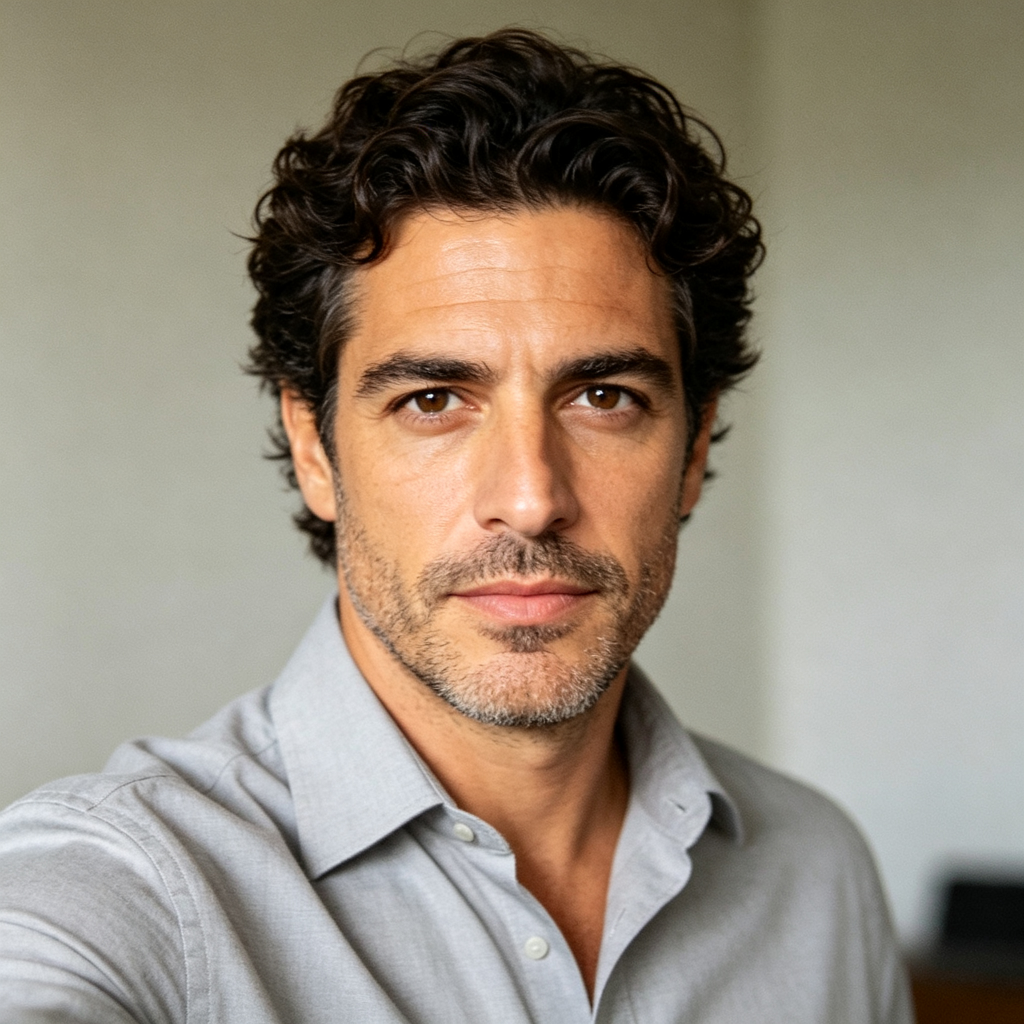 A headshot portrait of a male customer with dark wavy hair for a verified buyer review avatar or website testimonial section.