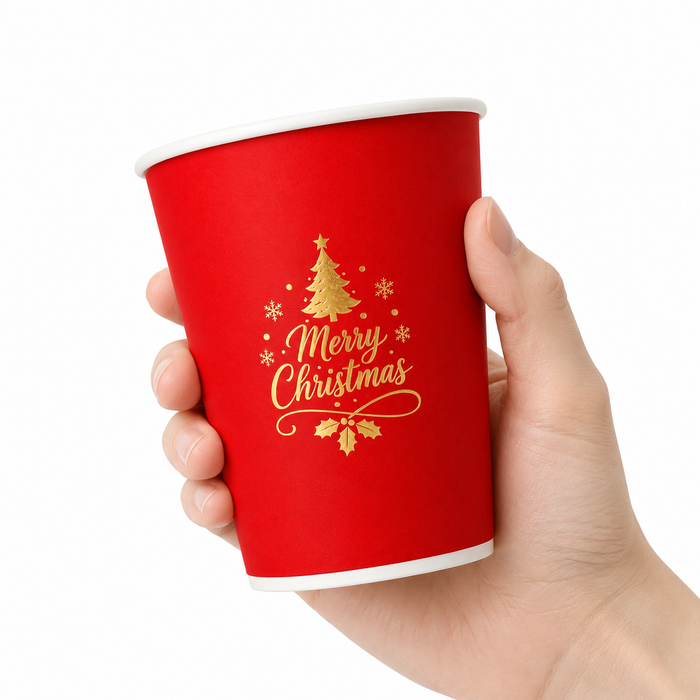 Close-up lifestyle photo of hand holding single red christmas paper coffee cup with golden Christmas tree design, disposable insulated holiday paper cups, custom printed festive christmas takeaway cups for seasonal commercial use