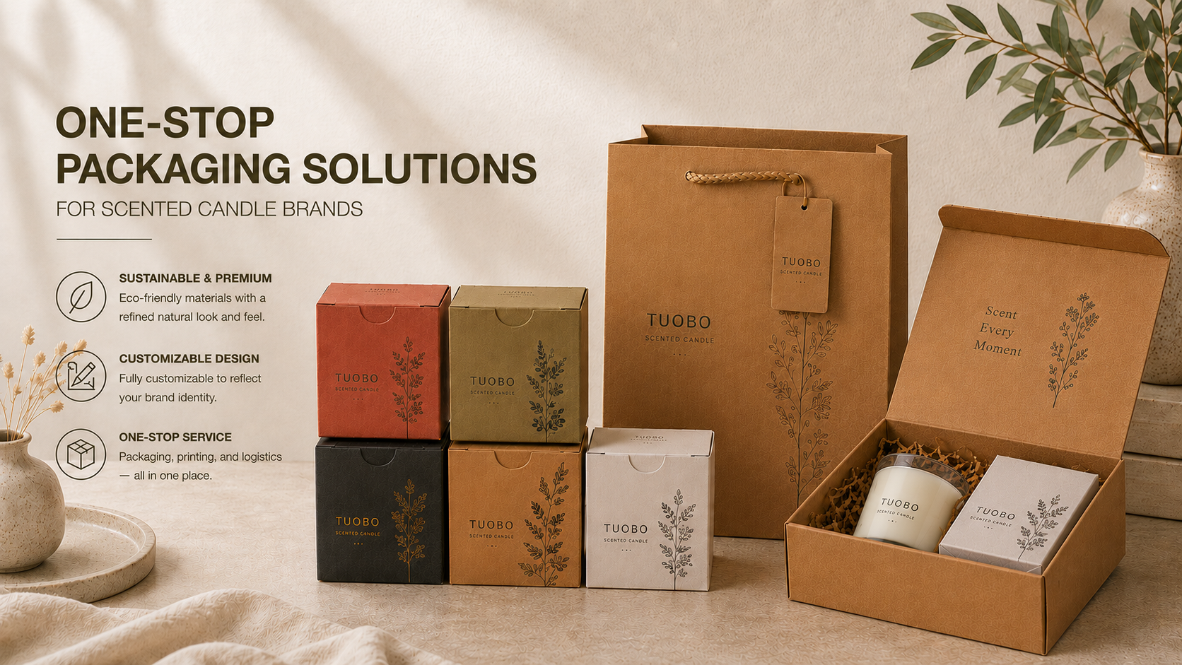 Eco-friendly scented candle packaging display featuring custom printed candle boxes, kraft paper gift bag, and luxury candle gift packaging set in a minimalist natural studio scene.