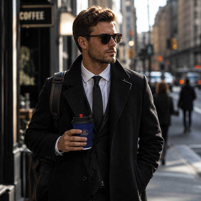 Urban lifestyle shot of businessman holding custom logo printed blue ripple wall PLA paper coffee cup, insulated heat resistant biodegradable disposable takeaway hot beverage cups for coffee shop commercial foodservice wholesale