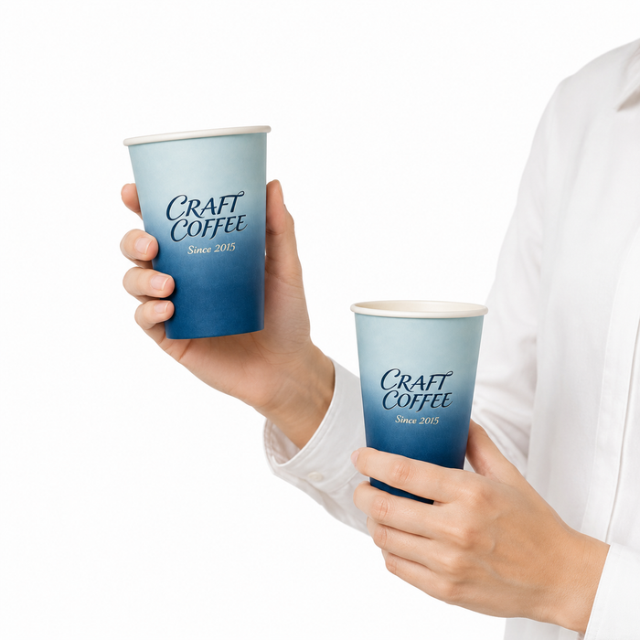 Hands holding two gradient blue custom logo eco paper coffee cups, sustainable café takeaway hot beverage cups