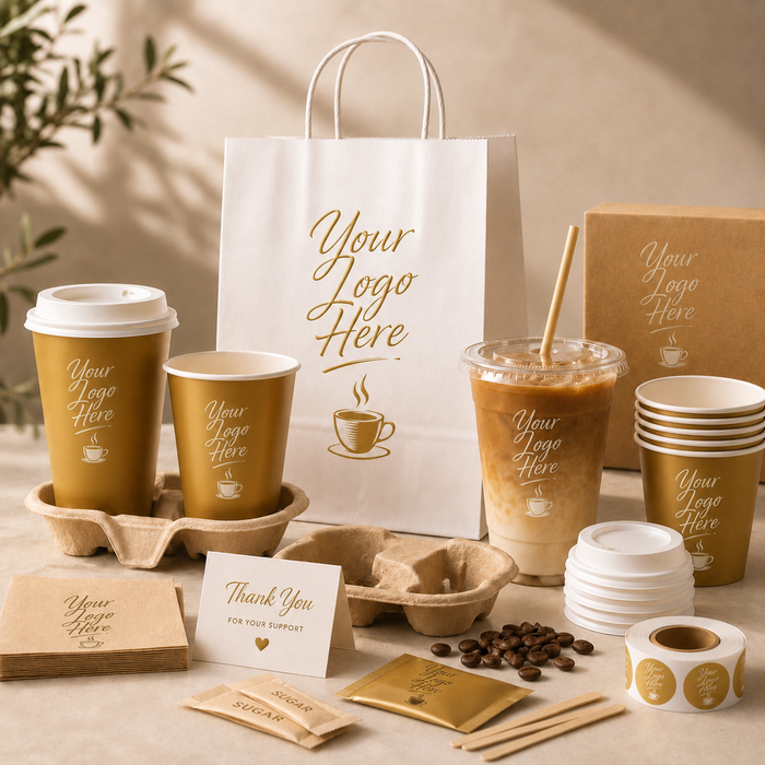 Full coffee shop packaging collection including custom paper coffee takeaway bags, coffee cup carrier bags, disposable coffee to go cups and beverage carrier accessories display