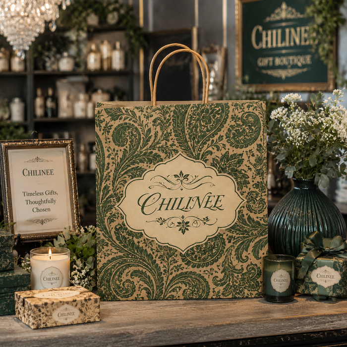 In-store boutique styling shot luxury custom paisley kraft shopping gift bag with CHILINEE logo frame, candle gift box matching packaging, wholesale printed kraft tote bag for boutique gift shop