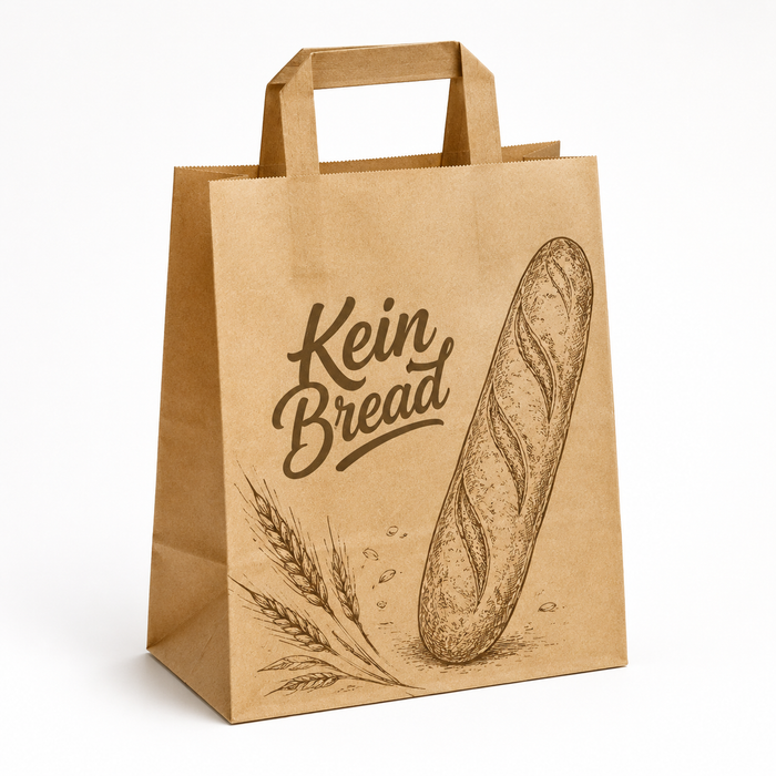 Wholesale brown kraft bakery paper bag with flat handles, custom printed artisan bread packaging, eco friendly sustainable food takeaway carry bag