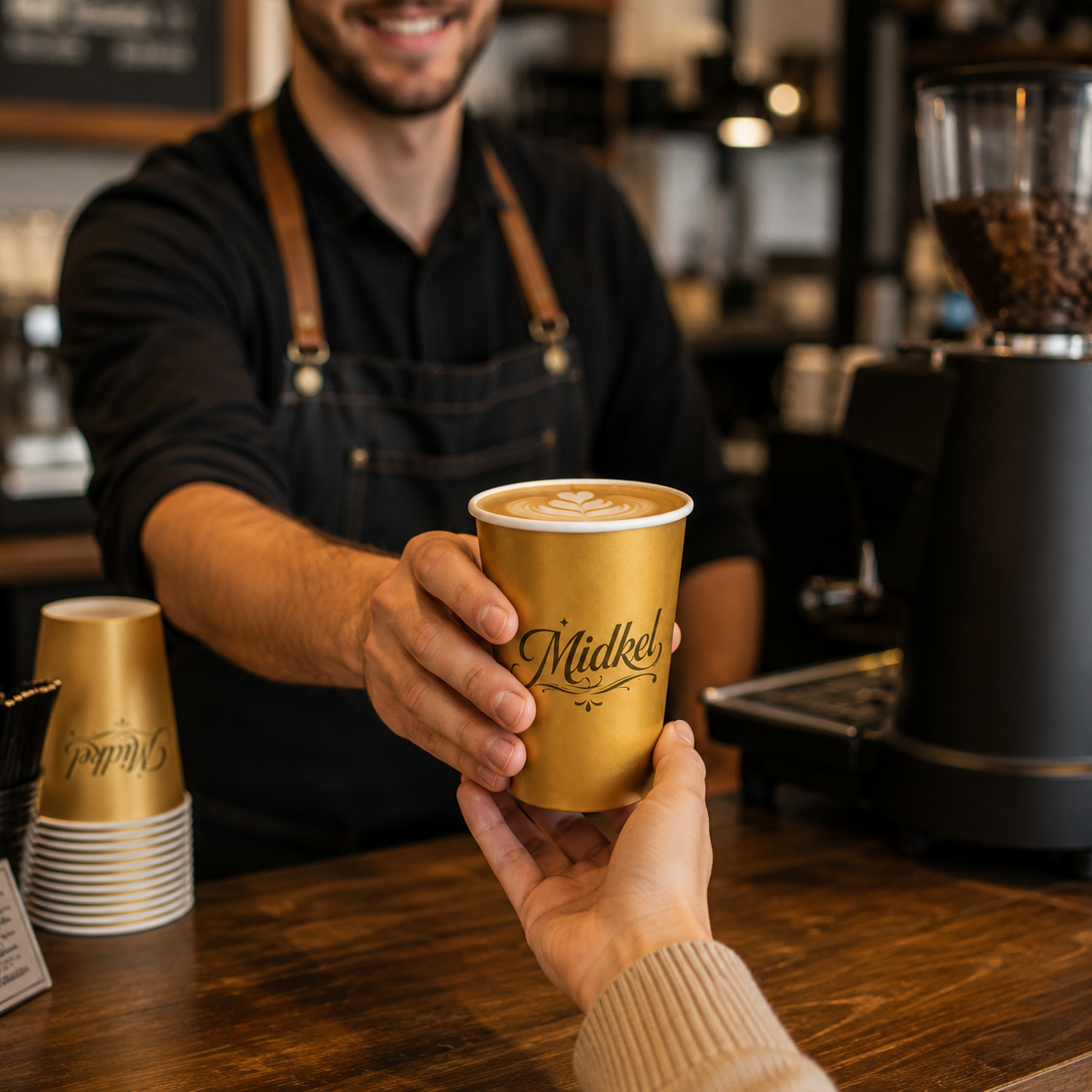 Kavos parduotuvės barista įteikia pagal užsakymą atspausdintą matinio aukso spalvos 12oz popierinį kavos puodelį, pripildytą latte art, ekologiškus vienkartinius karštų gėrimų puodelius urmu, skirtus kavinės prekės ženklo pakuotėms.