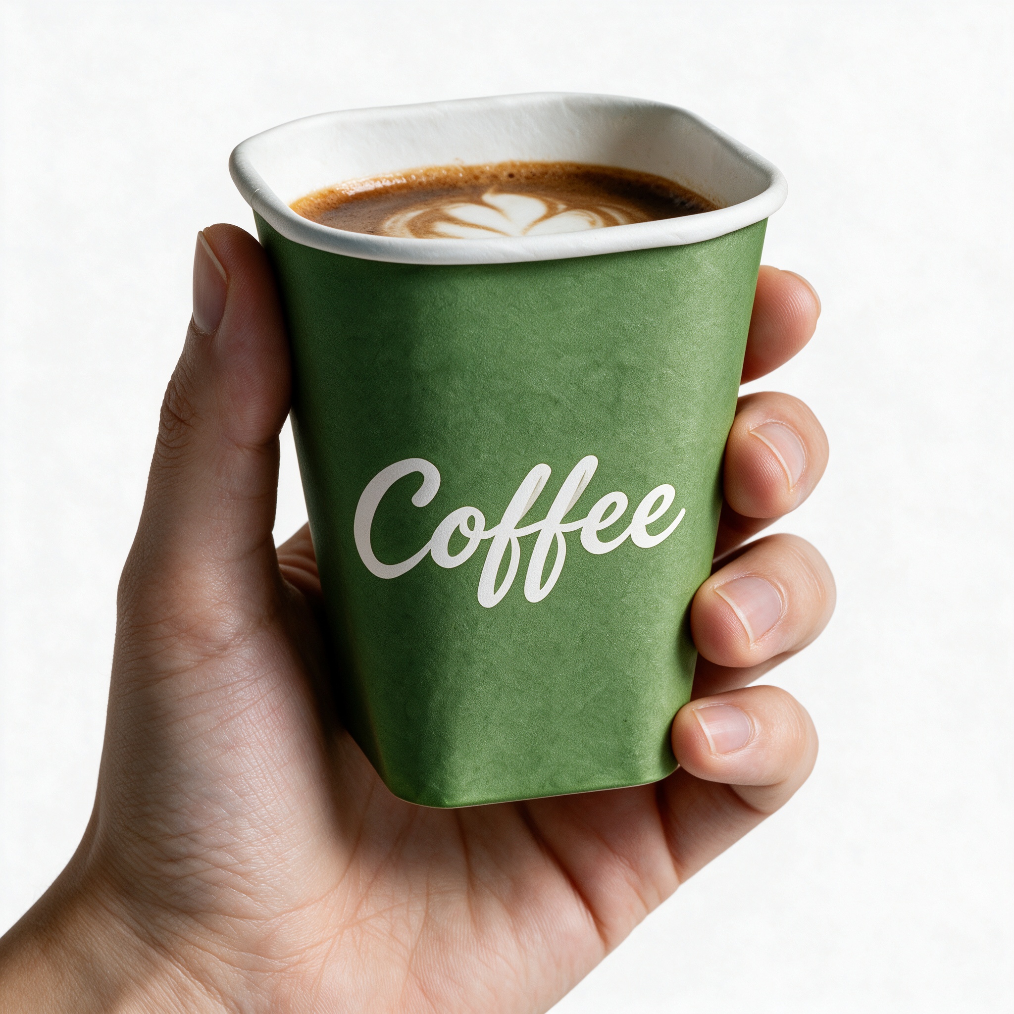 Close up of a hand holding a green square paper coffee cup featuring custom coffee cup design filled with fresh espresso and latte art.