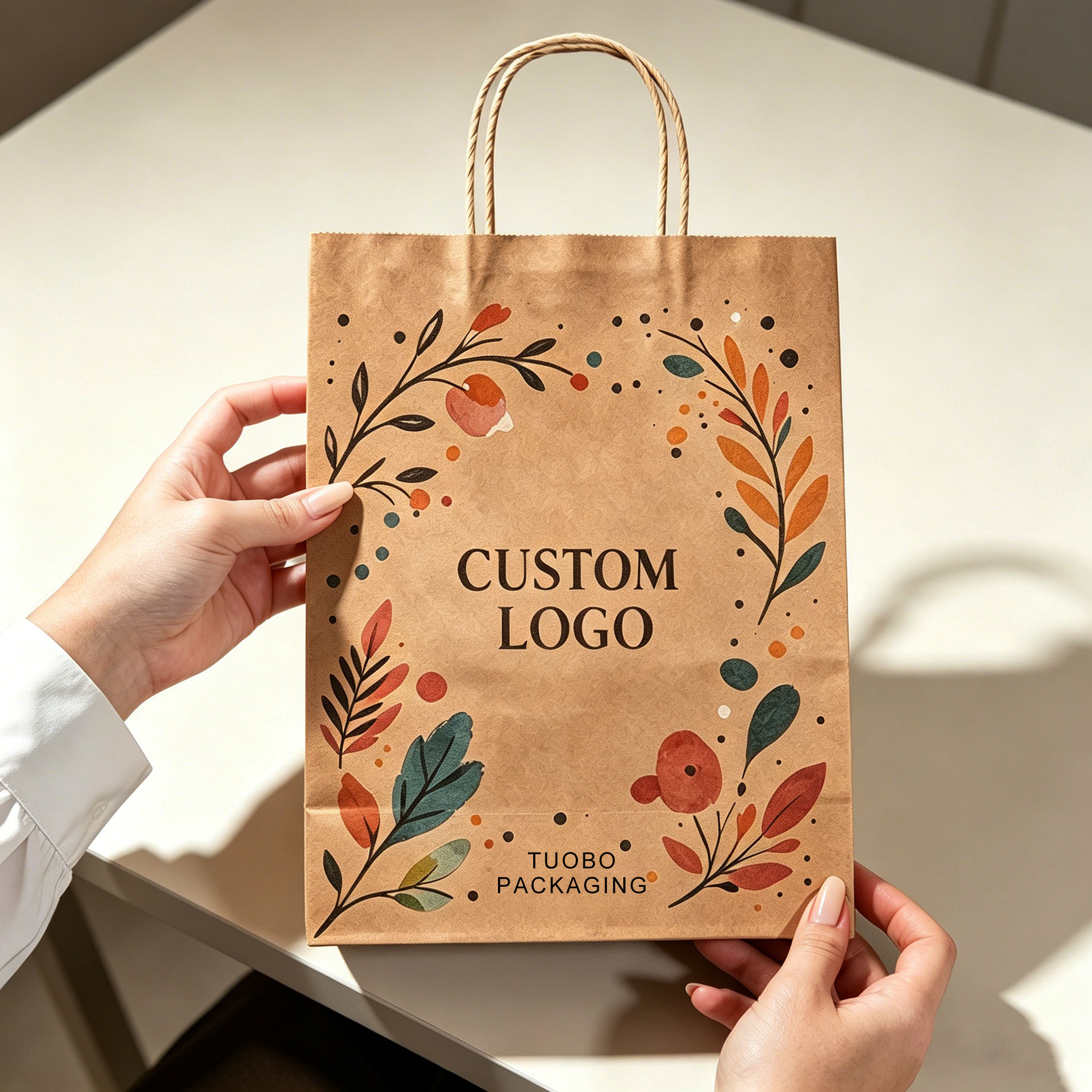 Close-up of hands holding a custom printed kraft paper shopping bag with floral watercolor design, showing the front view with "CUSTOM LOGO" placeholder.