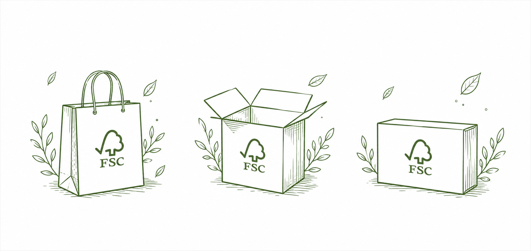 Three minimalist green line drawings of FSC certified packaging—a shopping bag, an open box, and a rectangular box—arranged evenly on a white background with small leafy accents.
