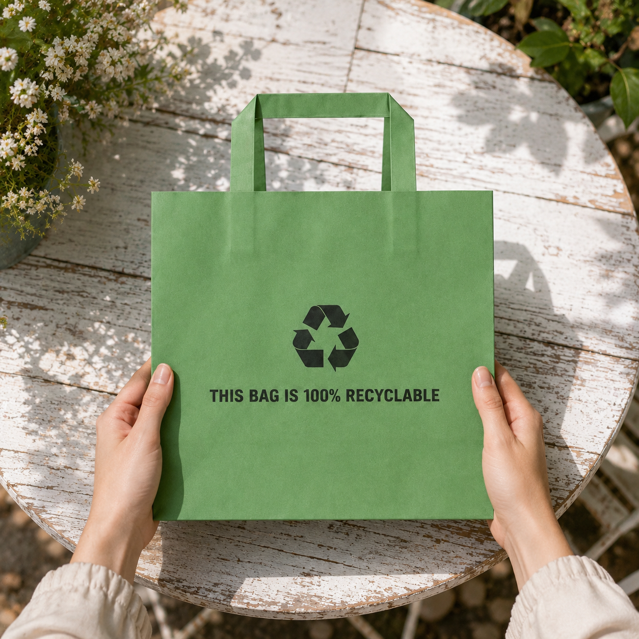 Eco friendly custom paper bags wholesale displayed outdoors with hands holding recyclable paper shopping bags with handles, suitable for retail paper bags, branded paper bags, boutique paper bags, sustainable paper bags, FSC certified paper bags and custom shopping bags.