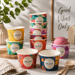 Two stacked colorful ice cream paper cups illustrating strong, stable structure.