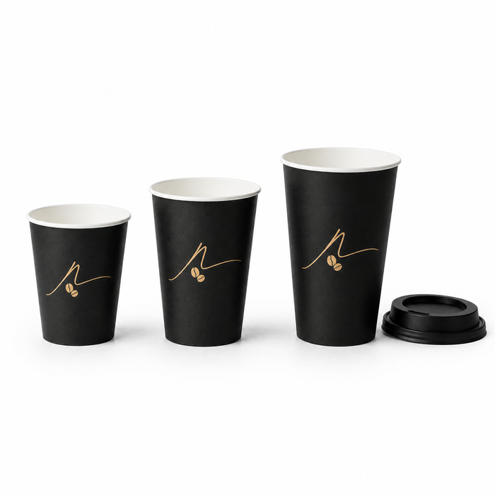 White background product shot of 3 sizes matte black custom printed coffee cups with gold foil coffee bean logo, no lids