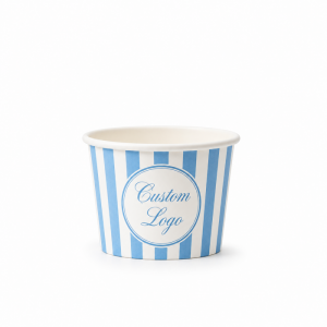 Product shot of a single blue striped paper coffee cup with custom logo, isolated on a white background.