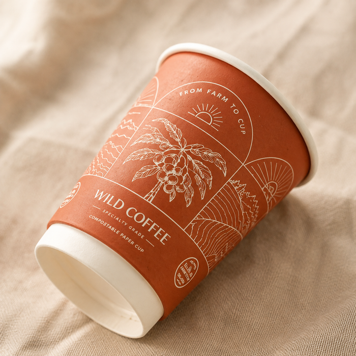 Custom terracotta paper coffee cup featuring a white printed logo and tropical palm tree artwork for specialty hot drinks.