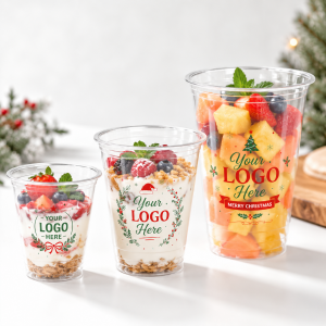 Multi-size wholesale custom logo Christmas clear plastic rPET cups, disposable transparent plastic tumblers for yogurt parfait, fruit salad, granola dessert, cold fruit drinks, restaurant bakery holiday custom printed plastic cups low MOQ