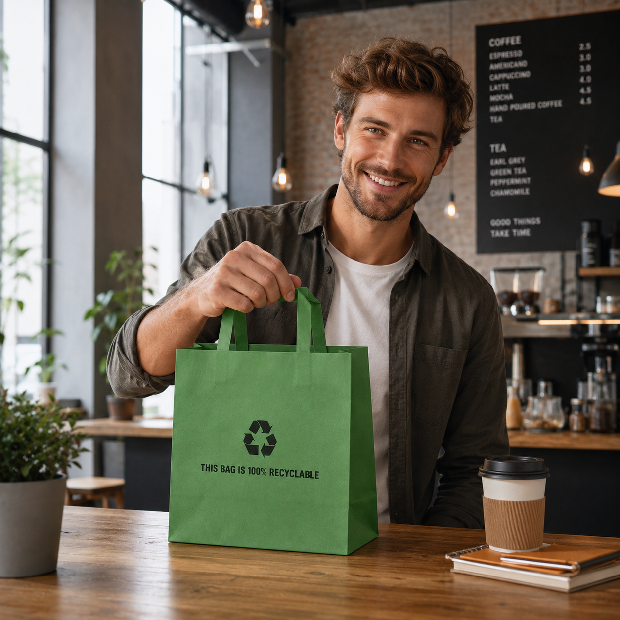 Custom printed paper bags with logo displayed in a coffee shop environment, featuring recyclable paper carry bags for takeaway bags, retail paper bags, branded paper bags, custom shopping bags and sustainable paper bags from a paper bags manufacturer.