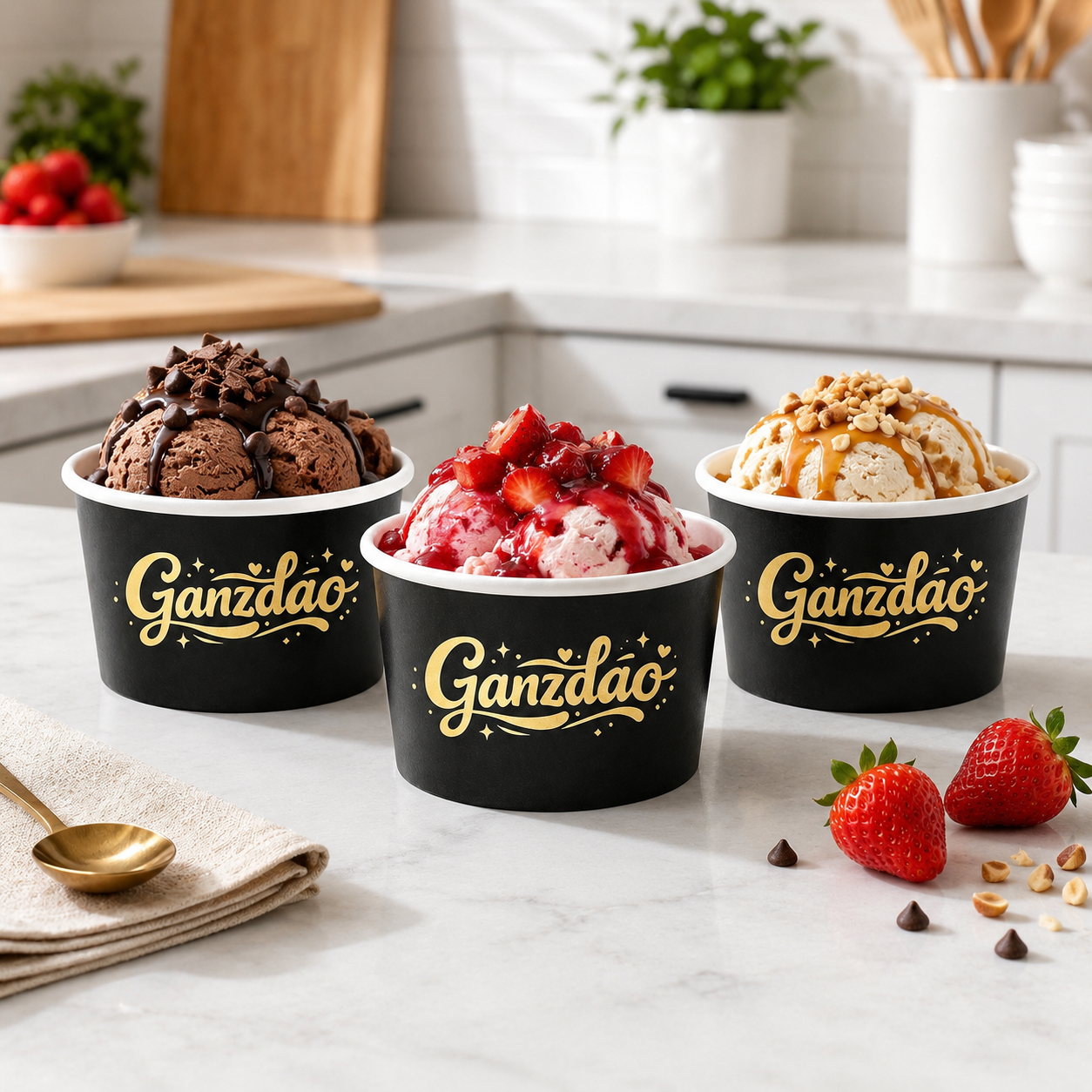 Three custom printed China black paper cups 4 oz / 3oz ice cream cups filled with assorted ice cream flavors, biodegradable ice cream mini cups from China paper cups 4 oz factories, eco-friendly custom paper cups for ice cream business