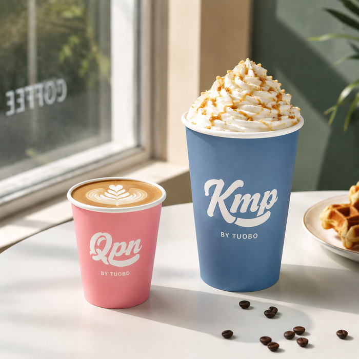 Two personalized disposable coffee cups filled with latte art and whipped cream next to coffee beans.