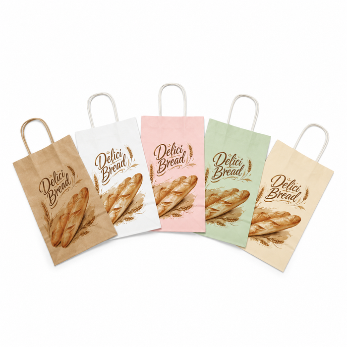 Wholesale multi-color branded bakery paper bags with twisted handles, custom bread wheat print sustainable bakery retail packaging, bakery gift and takeaway bags