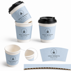 Wholesale custom logo printed corrugated coffee cup sleeves mockup, bakery cafe disposable paper cup wraps with branding