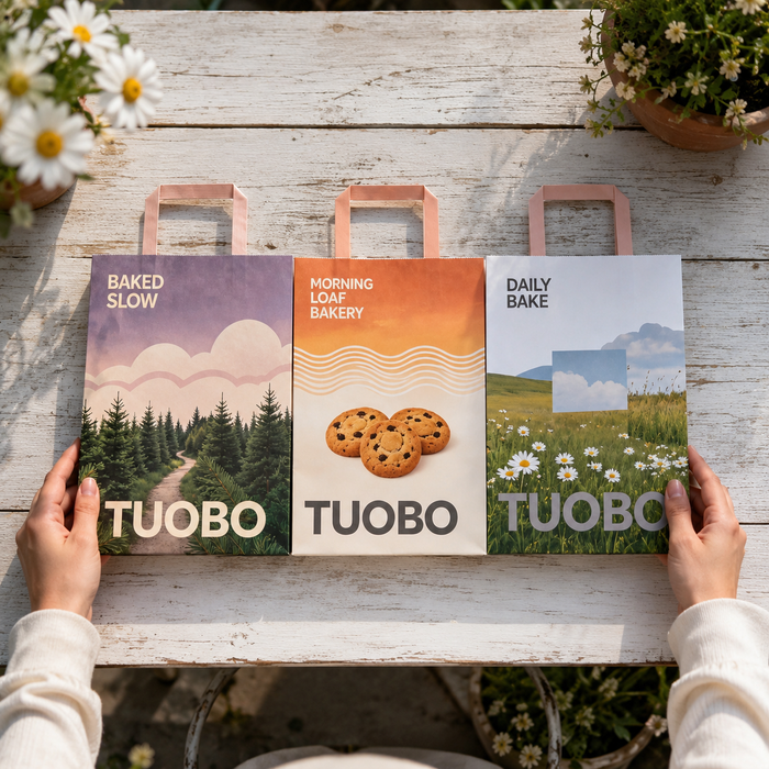 3 styles custom bakery paper bags with handles, branded printed kraft retail paper bags, sustainable food takeaway packaging bags for bakery shops
