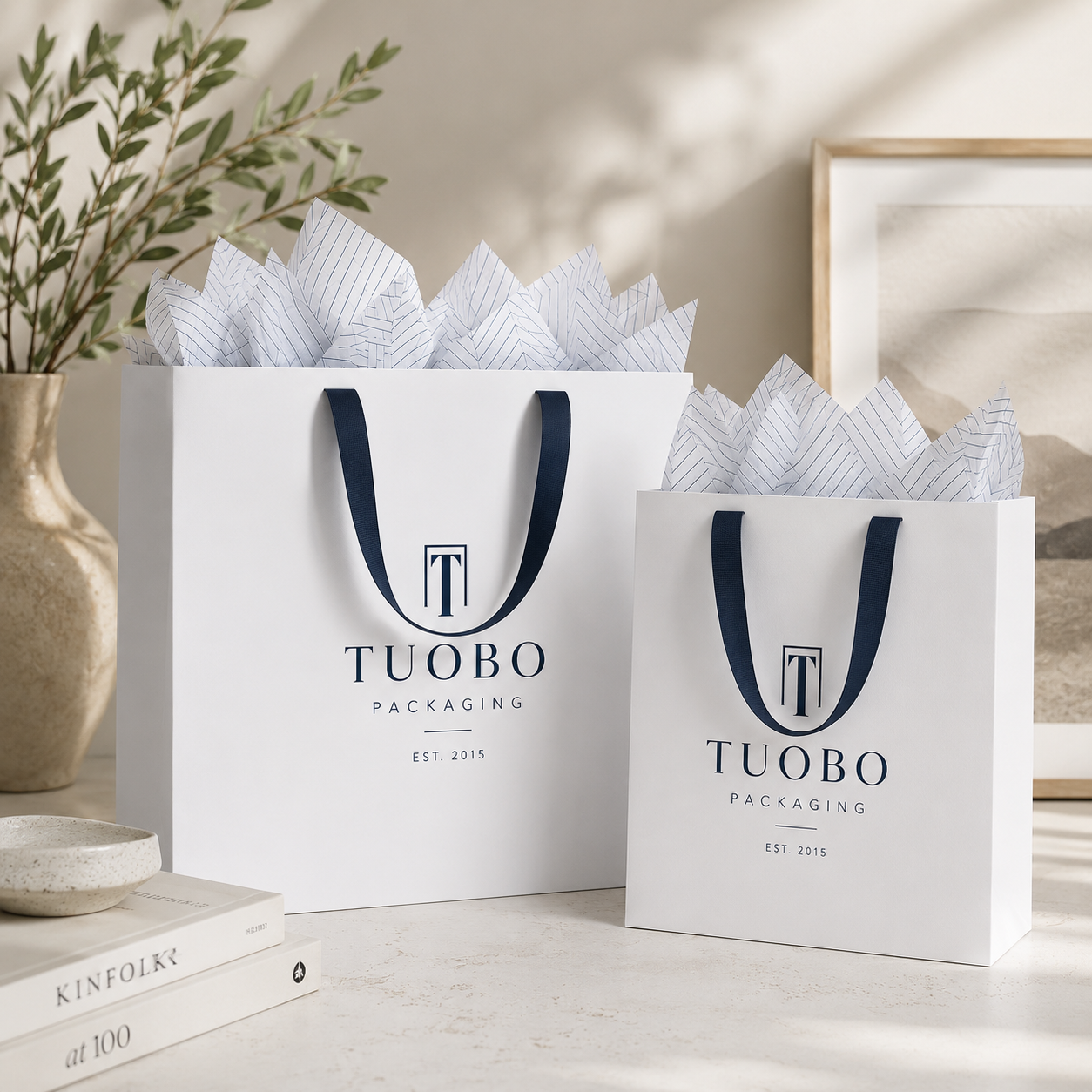 Luxury white Euro tote paper bags featuring custom logo printing, elegant ribbon handles, and premium white card paper construction for retail packaging, gift bags, cosmetics, jewelry, and boutique shopping applications.