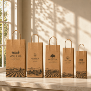 Product display shot five different sizes custom logo kraft wine carrier bags lined up on marble windowsill with soft natural sunlight shadow