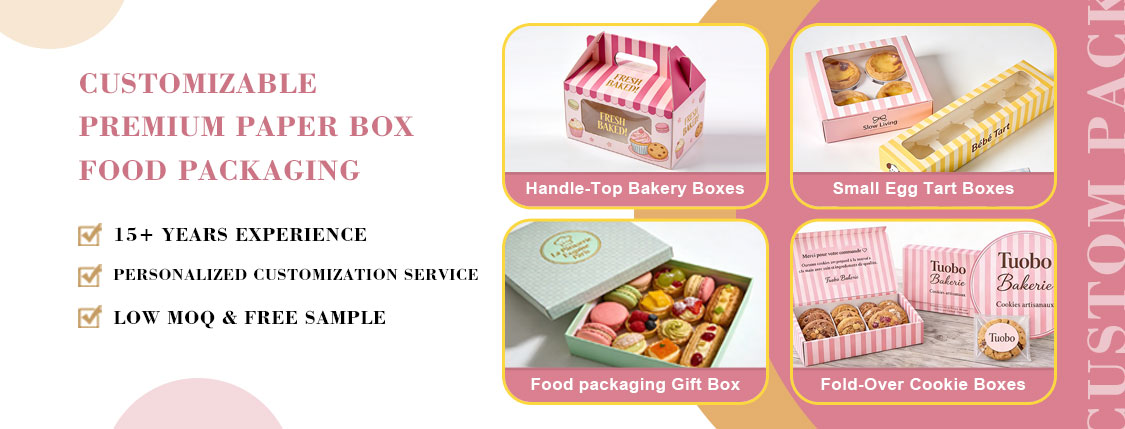 Wide banner graphic of customizable premium paper bakery food packaging boxes wholesale, featuring handle-top bakery carry boxes, small egg tart cartons, macaron pastry gift boxes, fold-over cookie packaging boxes; supplier with 15+ years experience, full custom logo printing, low MOQ and free samples for bakery shop takeaway food packaging