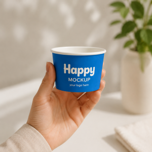 A hand holding a custom compostable ice cream cups mockup in a 4oz size, showcasing premium ice cream mini cups available from a reliable 4 oz paper ice cream cups supplier.