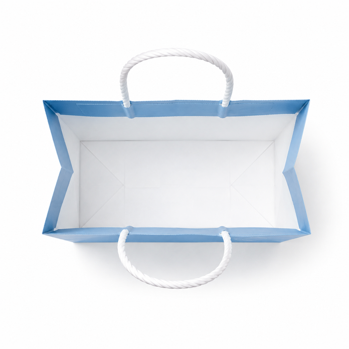 Top view of custom printed kraft paper shopping bag showing spacious interior and reinforced construction