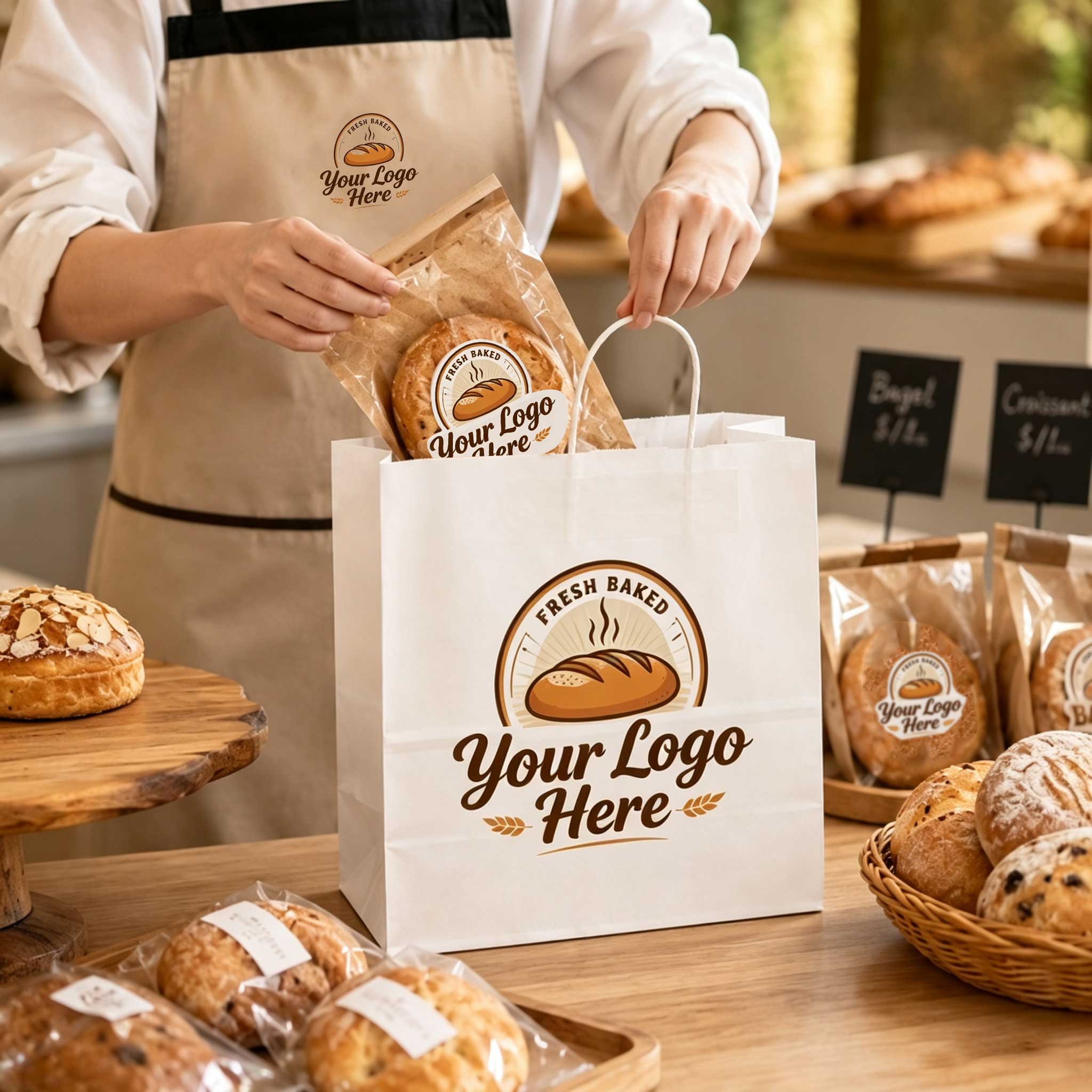 Custom white bakery paper bags with twisted handles blank template for bakery brand logo printing, bakery staff packing fresh bread with matching branded packaging apron and bread bags, eco friendly kraft takeaway sacks for artisan pastry shop retail display