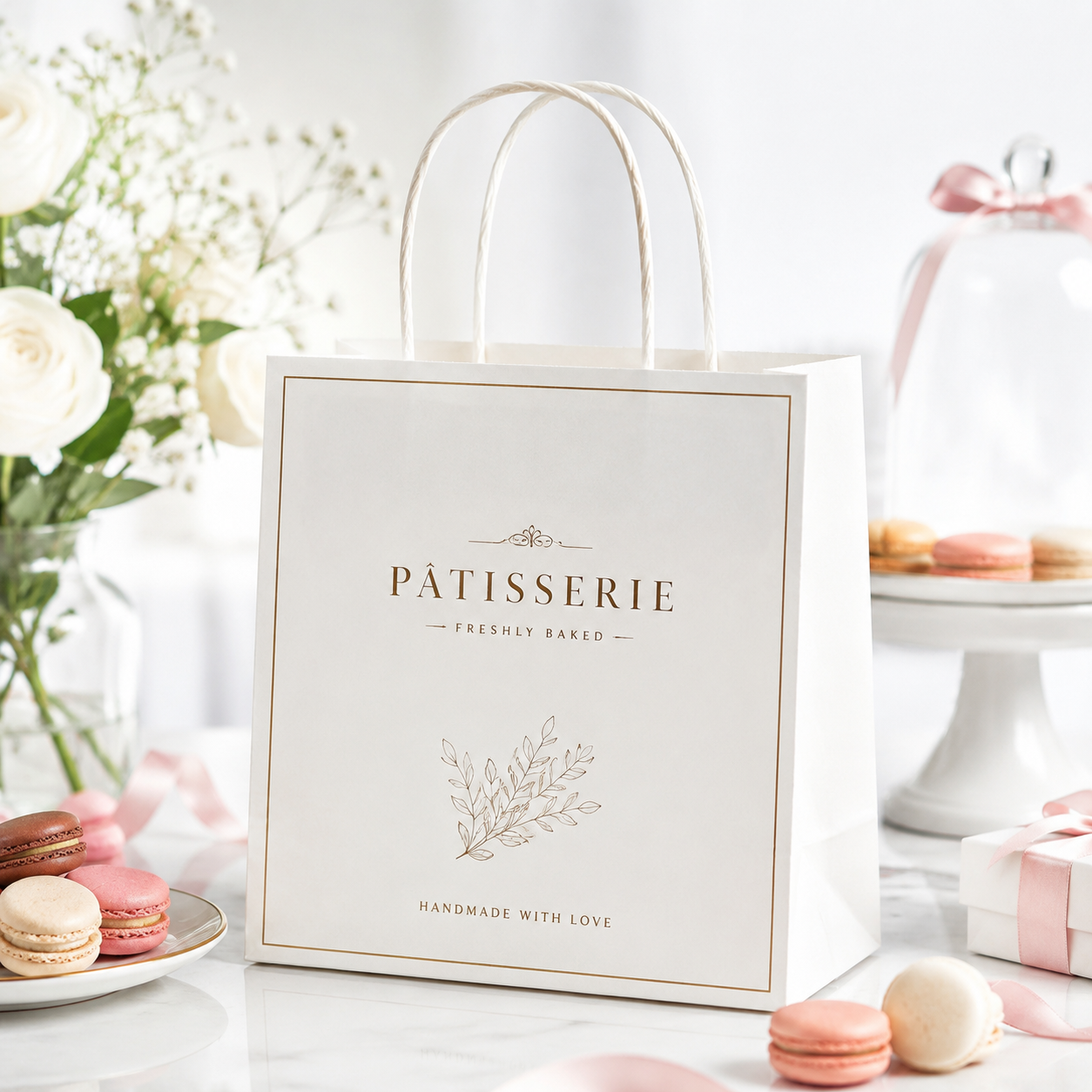 An elegant white paper bag printed with gold patisserie branding sitting on a table surrounded by delicate macarons and white flowers for luxury pastry packaging display.