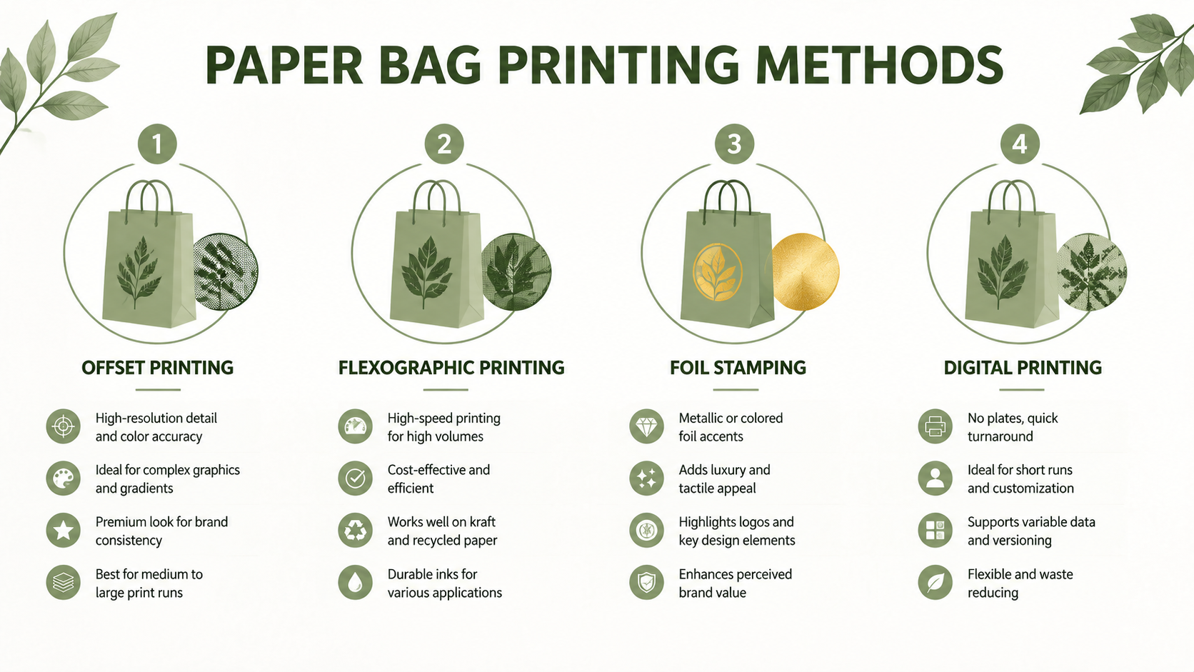 Comparison infographic of four paper bag printing methods offset flexographic foil stamping digital printing sustainable kraft retail packaging chart