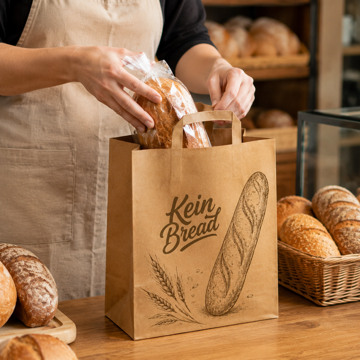 Eco friendly brown kraft bakery shopping bag with custom bread print, cafe takeaway packaging for fresh artisan bread retail display