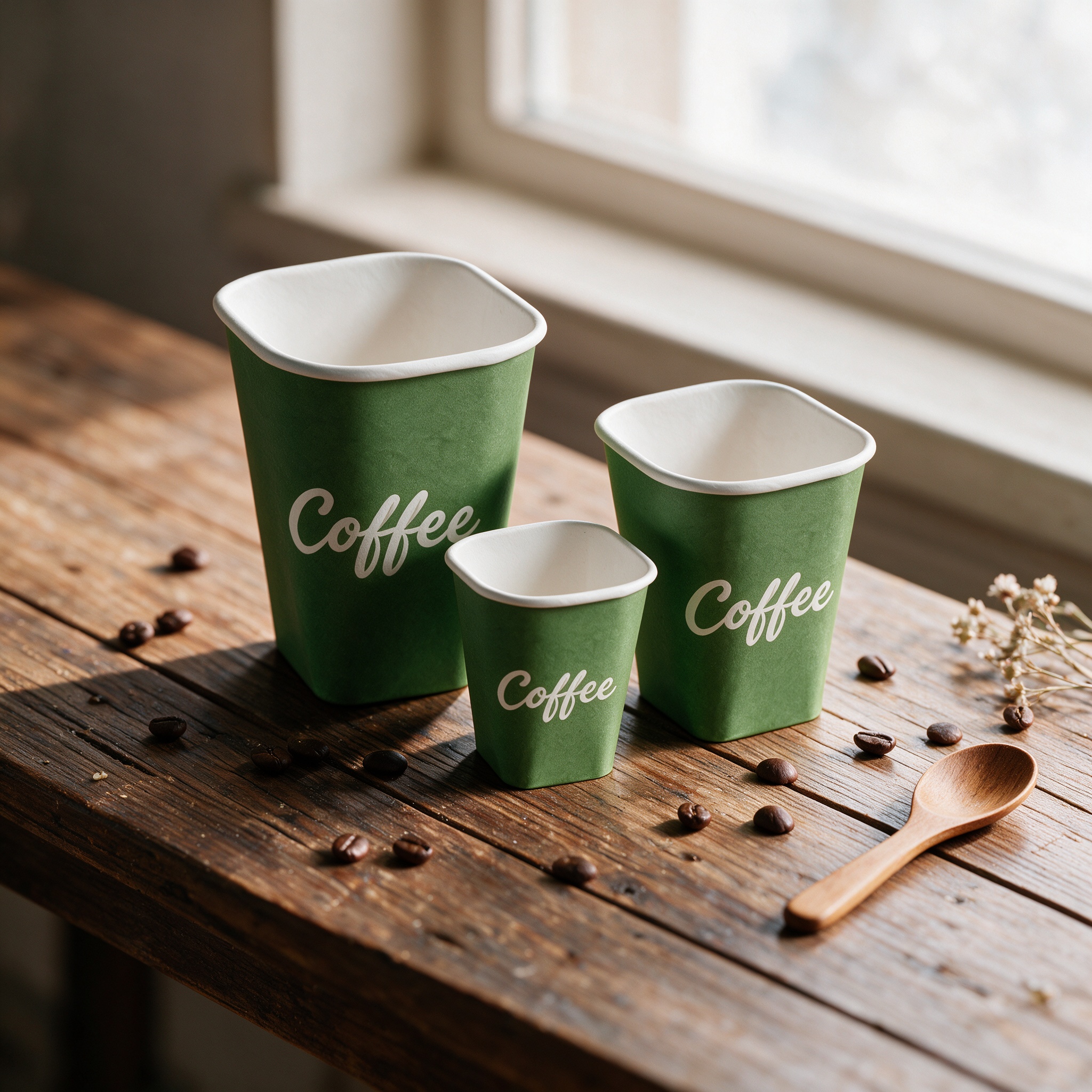 Three different sizes of green unique shaped coffee cups resting on a rustic wooden countertop by a window for coffee shop packaging display.