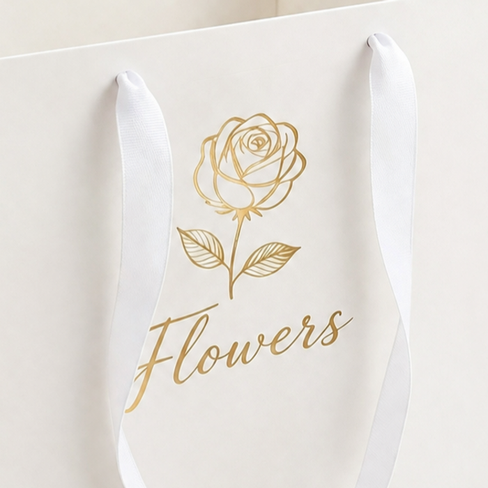 Close-up of a custom printed paper flower bag featuring a shiny gold foiled rose logo, showcasing a premium white gift bag with ribbon handles for luxury flower packaging bag needs.