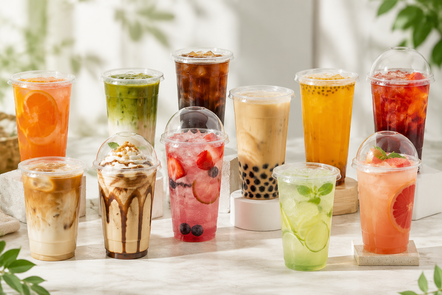 Branded transparent plastic takeaway cups for assorted fruit tea milk tea bubble tea, multi-size dome lid boba drink packaging, food grade custom printed plastic cups wholesale for beverage shop OEM packaging factory