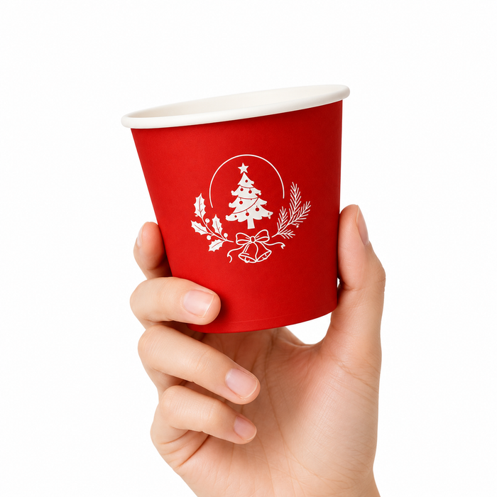 Handheld matte red custom Christmas paper cups with printed holiday logo, bulk eco friendly Christmas disposable cups, branded holiday coffee cups direct from Christmas cups manufacturer