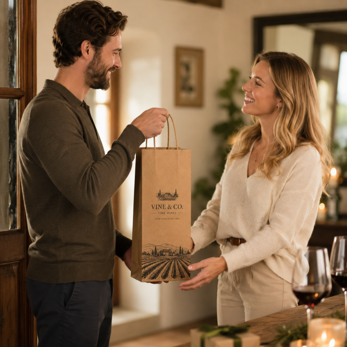 Lifestyle photo of man gifting custom vineyard printed brown kraft wine bag to woman inside cozy home wine room with red wine glasses on counter