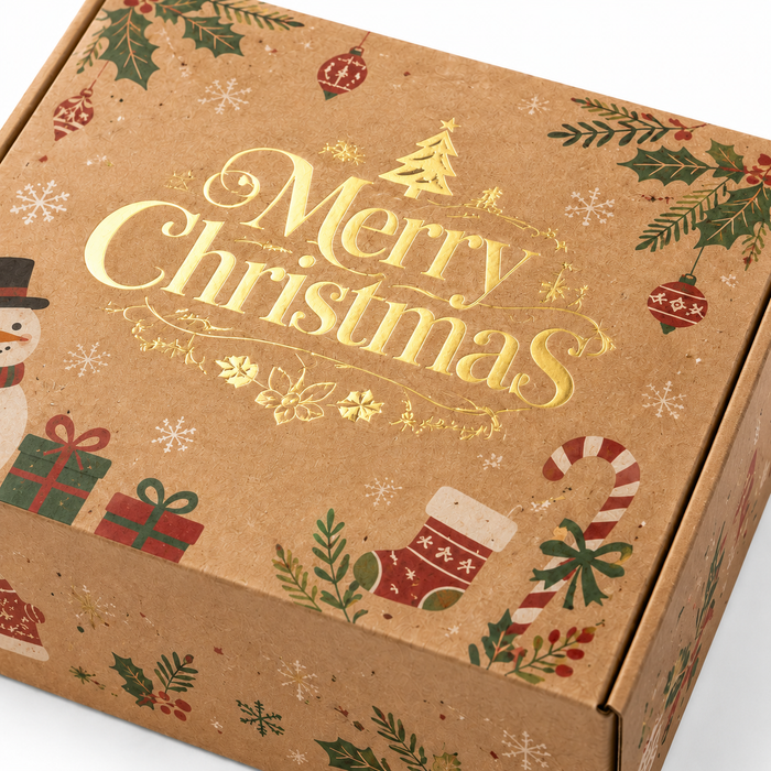 Top view of a kraft paper Christmas gift box featuring gold foil Merry Christmas lettering and snowflake artwork.
